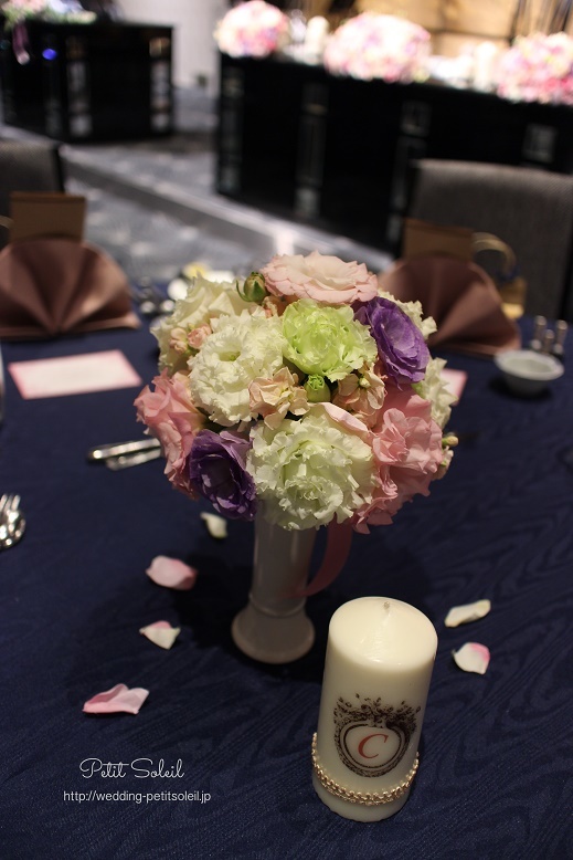 ゲストテーブル装花　ピンク　紫